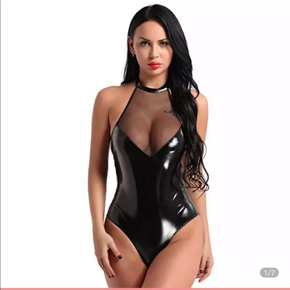 Sexy mesh Lingerie Faux Leather vinyl Bodysuit